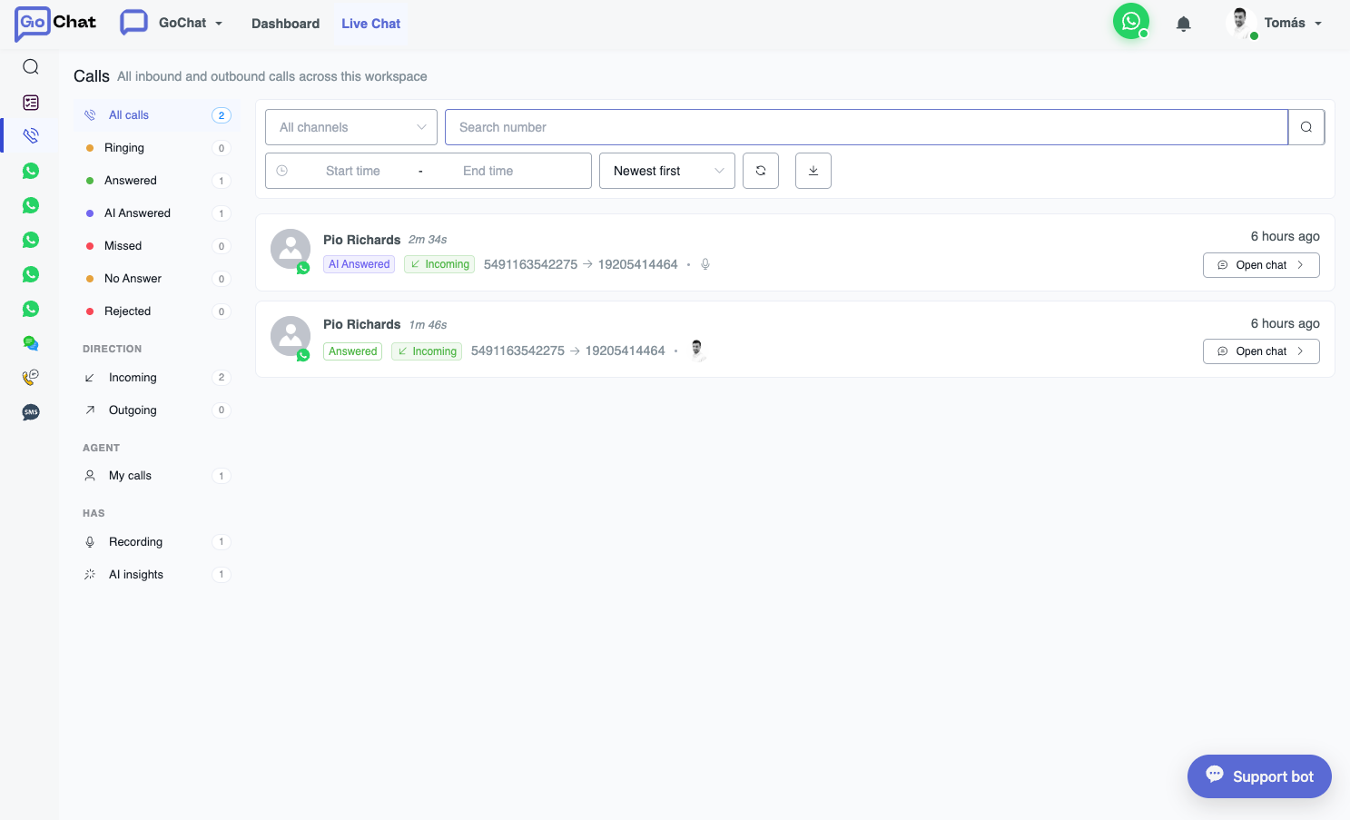 WhatsApp calls in GoChat: Calls inbox