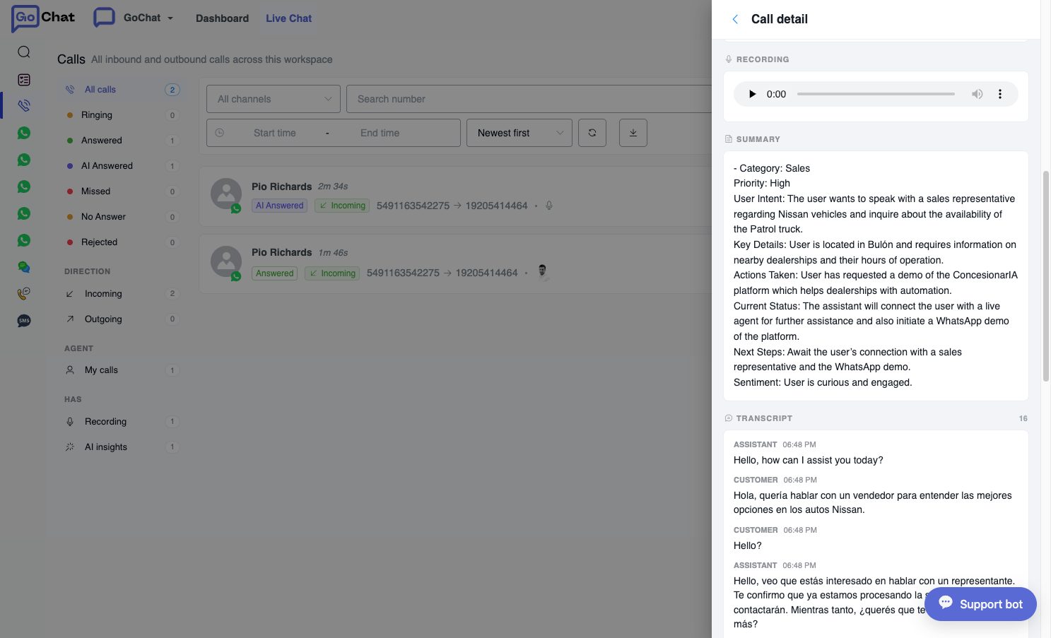 WhatsApp calls in GoChat: AI summary and transcript