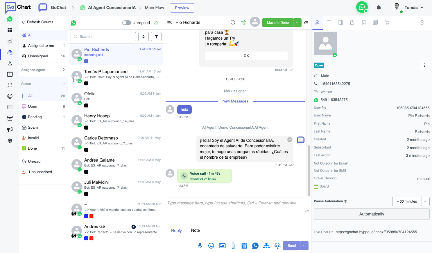 WhatsApp calls in GoChat: Context in the chat
